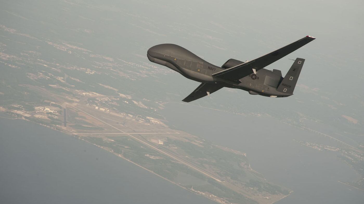 an RQ-4 Global Hawk unmanned aerial vehicle conducts tests over Naval Air Station Patuxent River, Md.