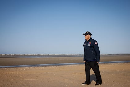 U.S. veteran Andrew Negra walks on the beach after the commemoration organized by the Best Defense Foundation at Utah Beach near Sainte-Marie-du-Mont, Normandy, France, Sunday, June 4, 2023, ahead of the D-Day anniversary.