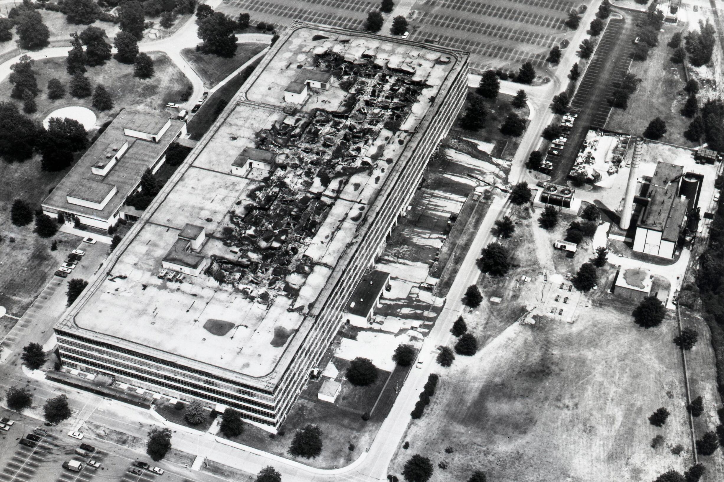 This photo provided by the National Archives and Records Administration shows the damaged sixth floor and roof of the Military Personnel Records Center in Overland, Mo., near St. Louis, after a massive fire that started on July 12, 1973.