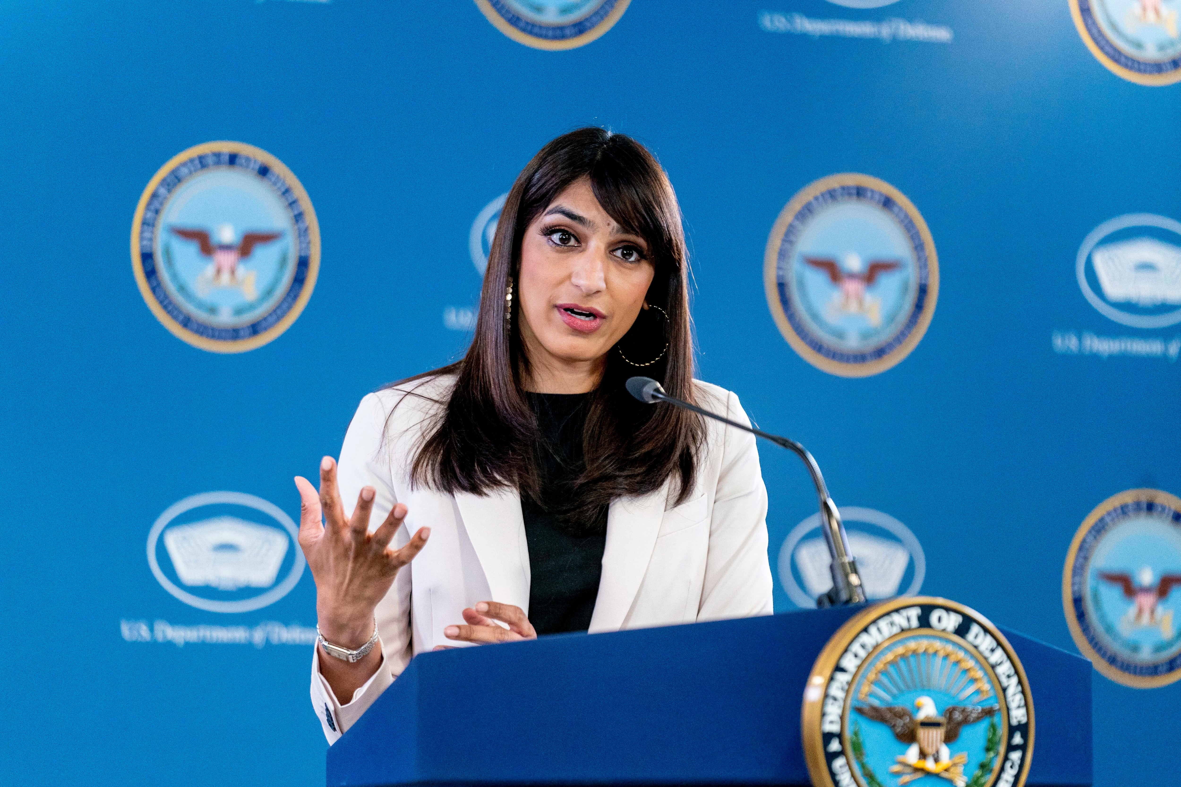 Deputy Pentagon Press Secretary Sabrina Singh speaks during a briefing at the Pentagon in Washington, Thursday, May 18, 2023.