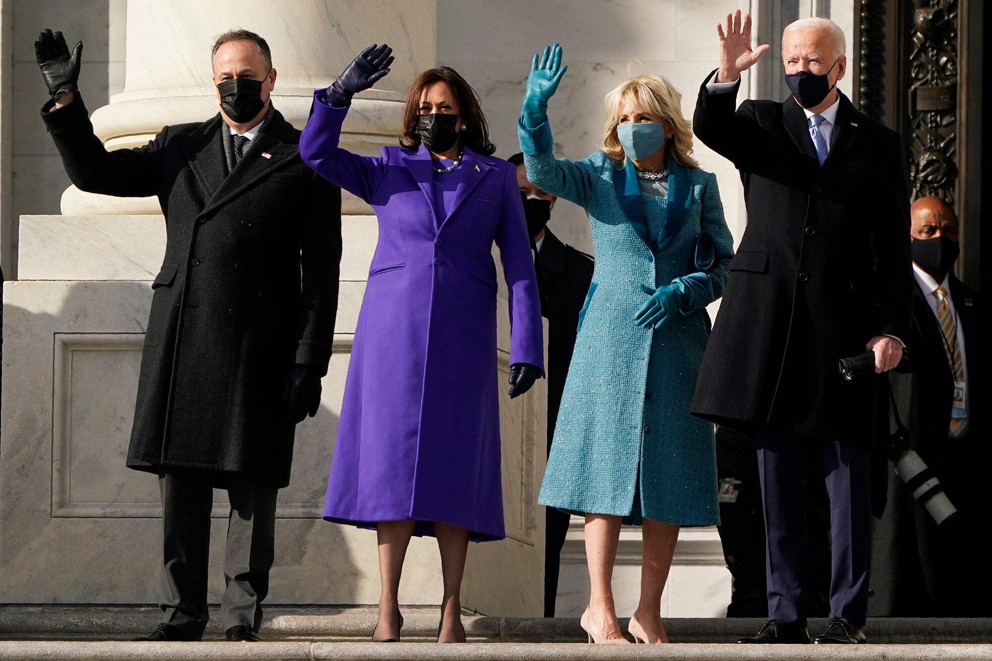 President-elect Joe Biden, his wife Jill Biden and Vice President-elect Kamala Harris and her husband Doug Emhoff arrive at the steps of the U.S. Capitol for the start of the official inauguration ceremonies, in Washington, Wednesday, Jan. 20, 2021.