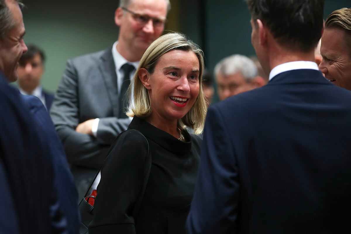 European Union foreign policy chief Federica Mogherini, center, arrives for a European Foreign Affairs Ministers meeting at the European Council headquarters in Brussels, Monday, July 15, 2019.