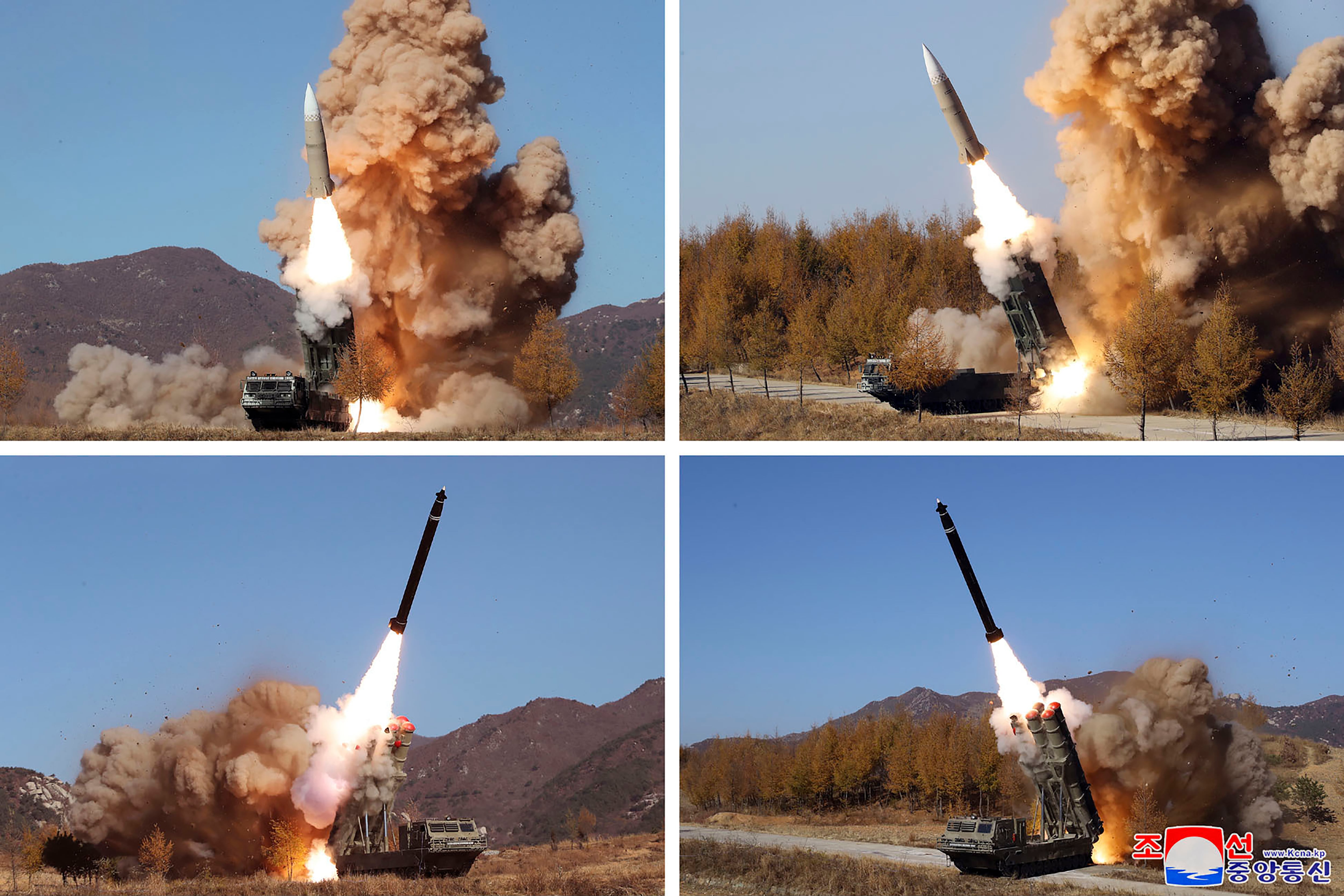 This combination of photos provided by the North Korean government, shows what they say was a military operation held during Nov. 2-5, 2022, in North Korea.