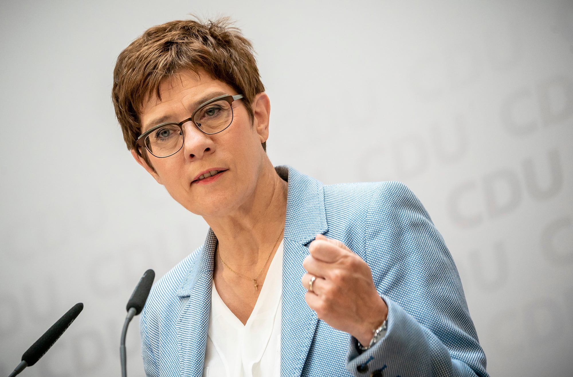 Annegret Kramp-Karrenbauer, Christian Democratic Union, CDU, party chairwoman and German minister of defense, speaks at a news conference  following a CDU leaders meeting at the headquarters in Berlin