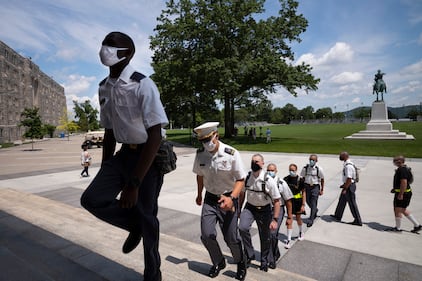 New cadets march in formation on July 13, 2020, at the U.S. Military Academy in West Point, N.Y.