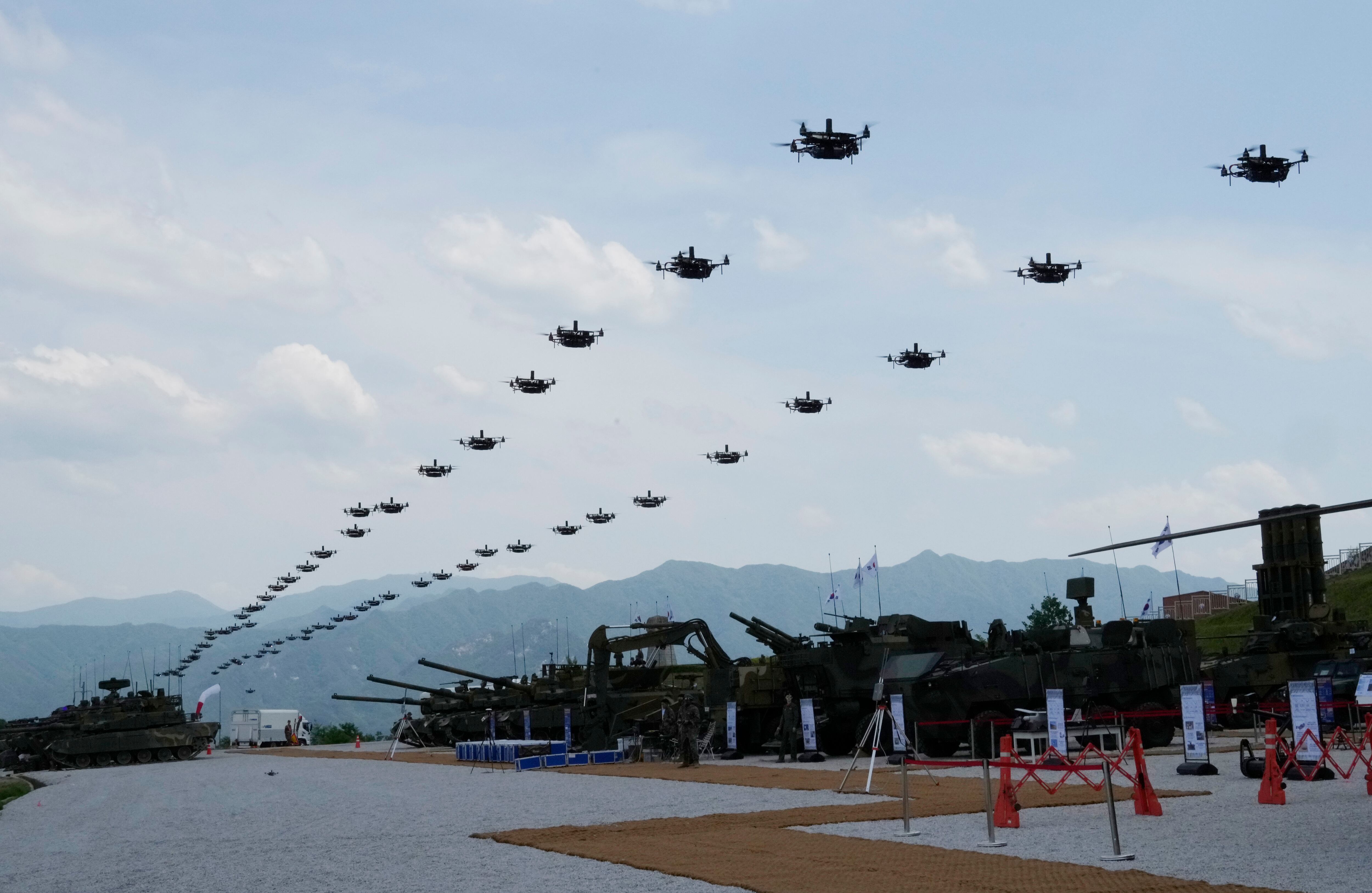 The South Korean army's drones fly during South Korea-U.S. joint military drills at Seungjin Fire Training Field in Pocheon, South Korea, Thursday, May 25, 2023.