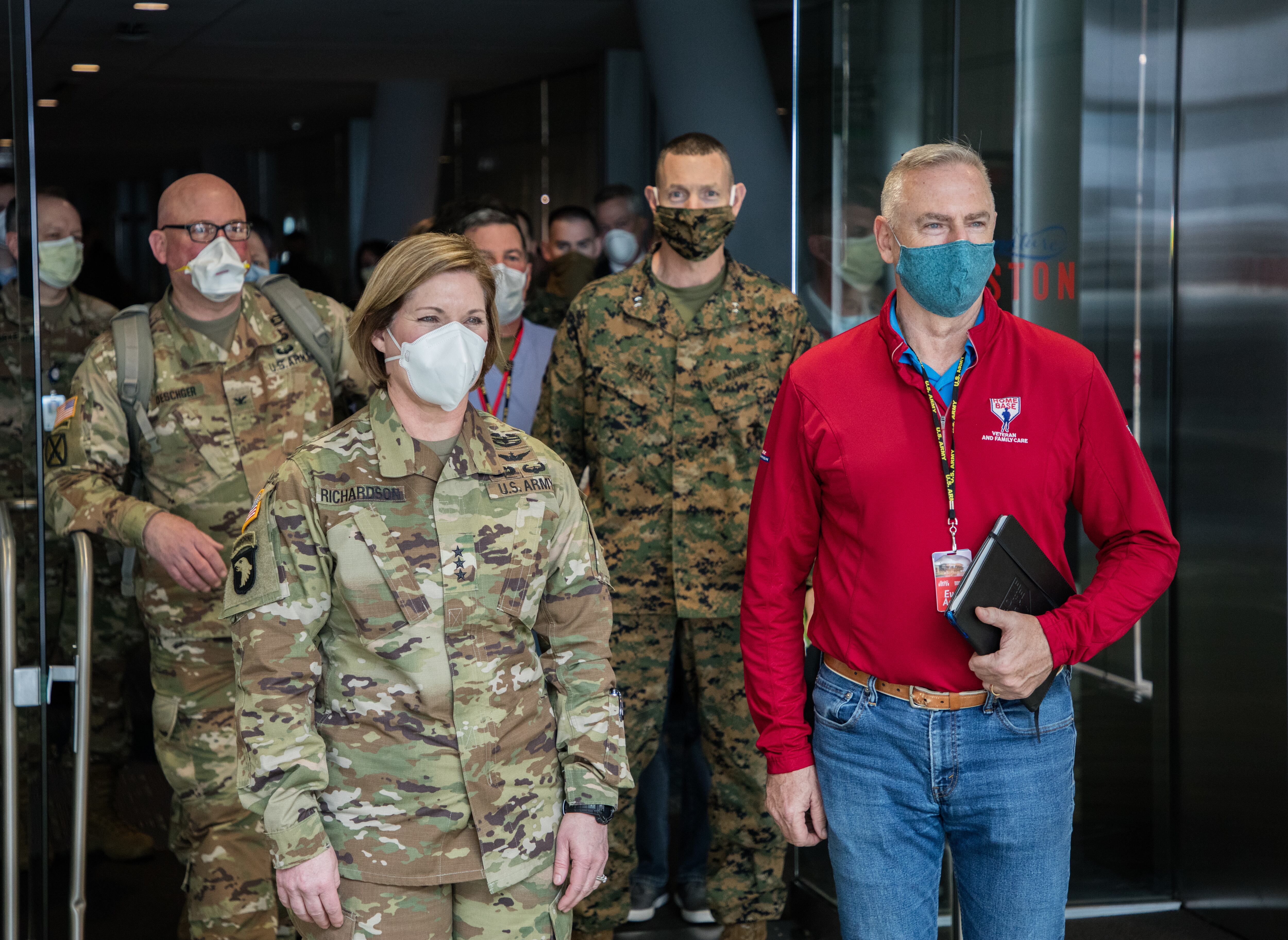 Lt. Gen. Laura Richardson, Marine Corps Maj. Gen. Stephen Neary, Jack Hammond and their staff tour the Boston Hope Medical Center in South Boston, Massachusetts, April 14, 2020.