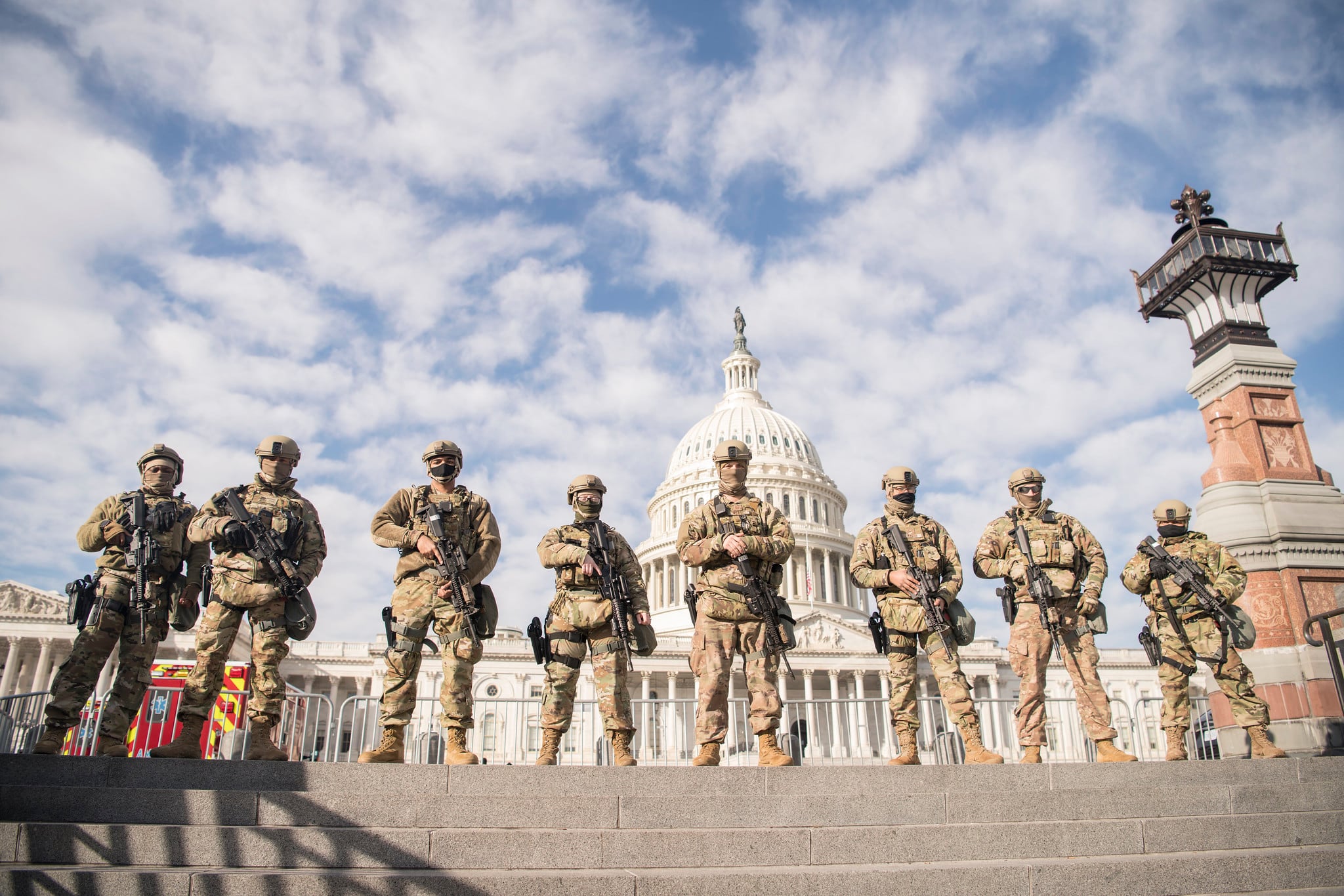 Virginia National Guard airmen assigned to the 192nd Security Forces Squadron, 192nd Mission Support Group, 192nd Wing help to secure the grounds near the U.S. Capitol, Jan. 13, 2021, in Washington.