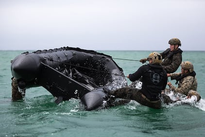 U.S. Marines conduct F470 Combat Rubber Raiding Craft training on Camp Schwab, Okinawa, Japan, May 29, 2019.