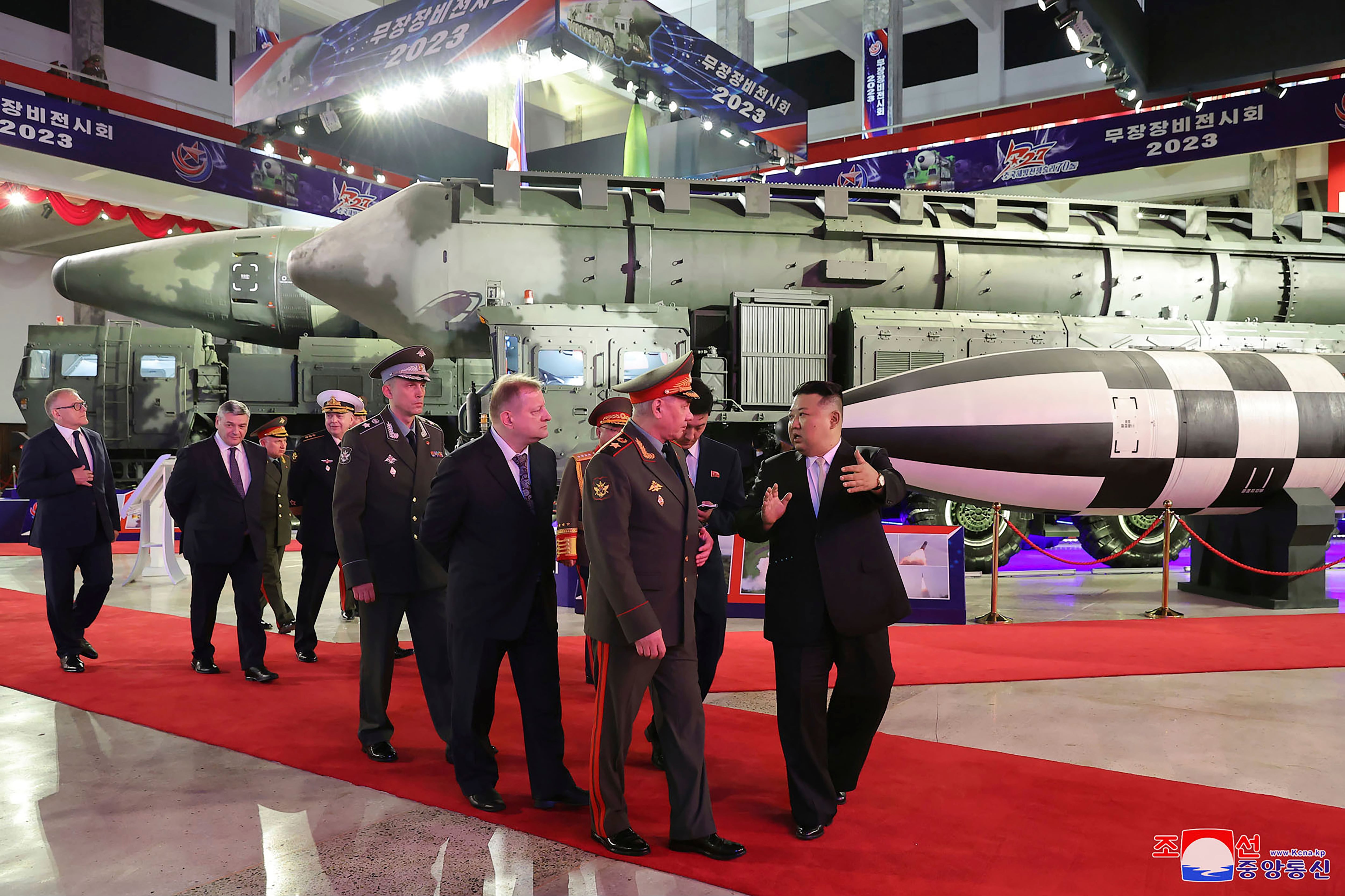 In this photo provided by the North Korean government, North Korean leader Kim Jong Un, right, with Russian delegation led by its Defense Minister Sergei Shoigu visits an arms exhibition in Pyongyang, North Korea Wednesday, July 26, 2023, on the occasion of the 70th anniversary of the armistice that halted fighting in the 1950-53 Korean War.