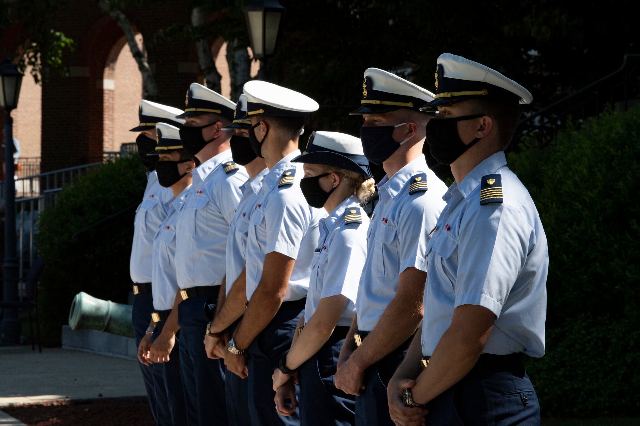 Cadets take place in the Mid-Grade Transition Ceremony at the Coast Guard Academy, July 2, 2020.