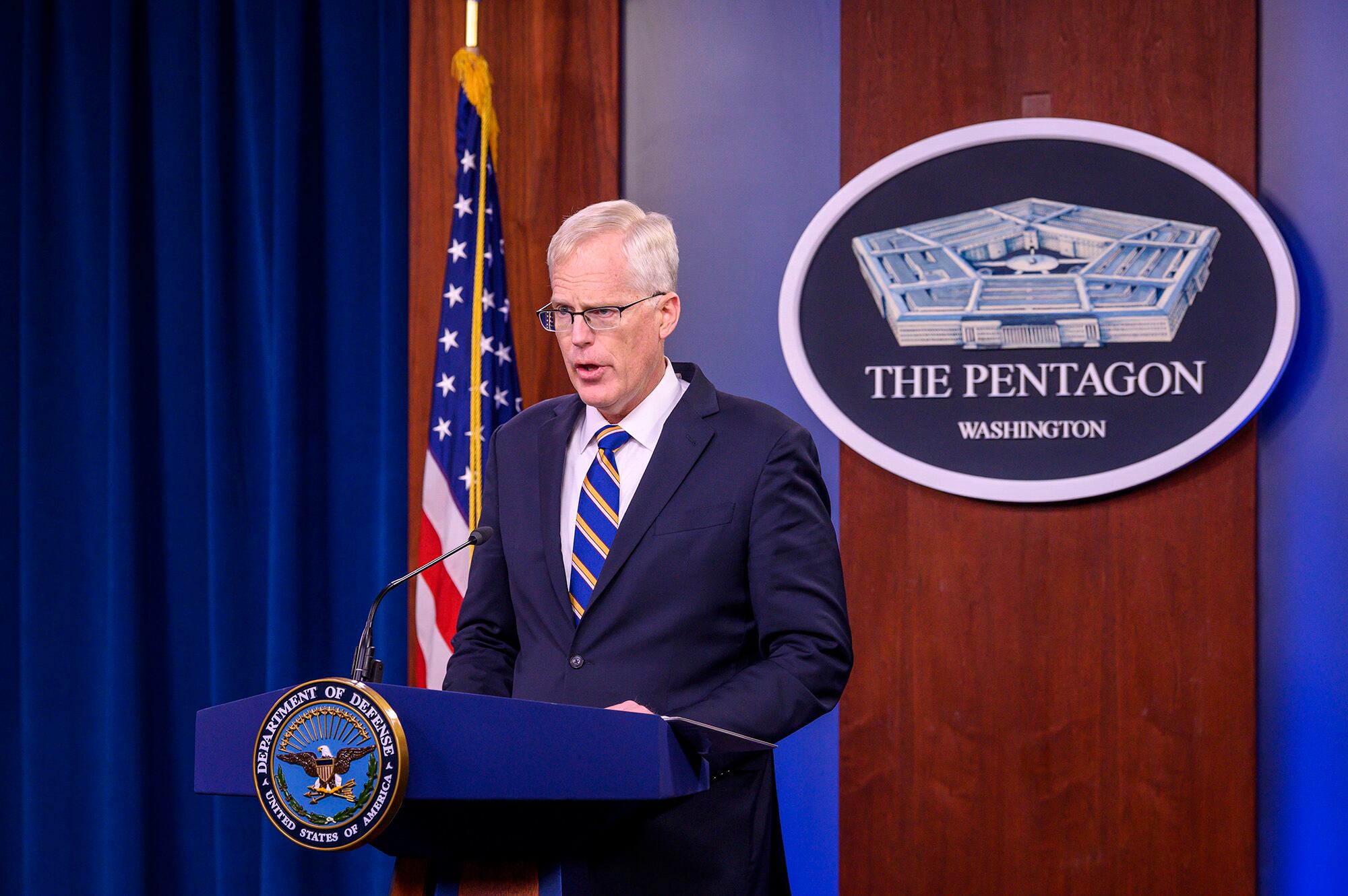 Acting Defense Secretary Christopher Miller briefs reporters from the Pentagon on Nov.  17, 2020. (Air Force Staff Sgt. Jack Sanders/DoD)