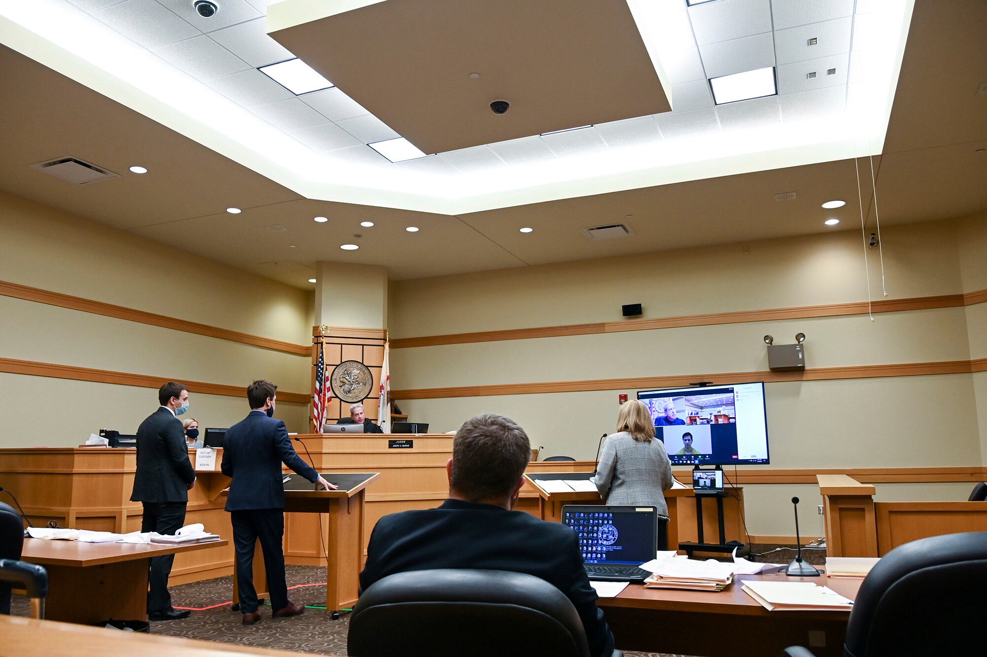 Duke Webb, appears via video at a court arraignment at Winnebago County Justice Center on Feb. 19, 2021, in Rockford, Ill.