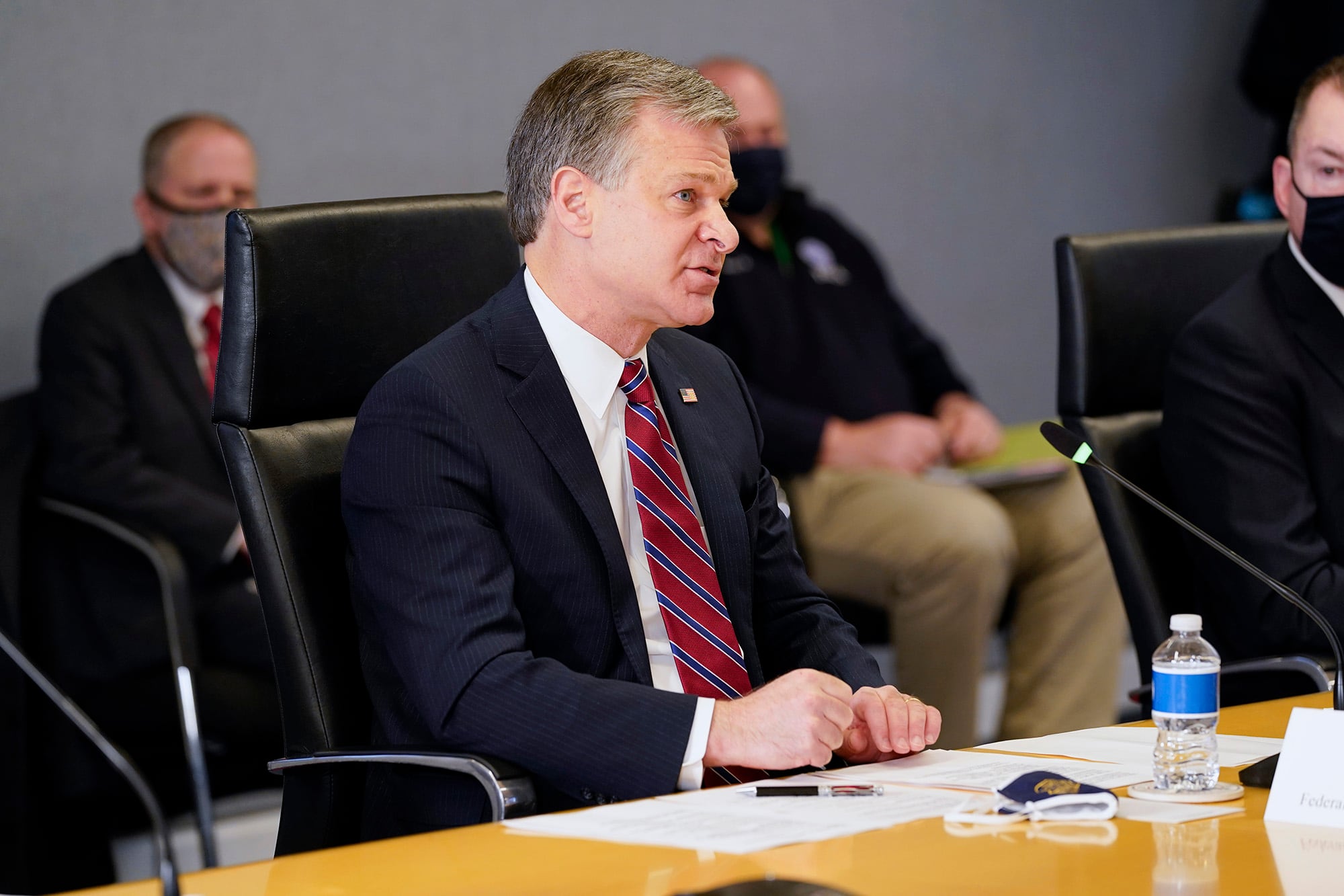 FBI Director Christopher Wray speaks during a briefing about the upcoming presidential inauguration of President-elect Joe Biden and Vice President-elect Kamala Harris, at FEMA headquarters, Thursday, Jan. 14, 2021, in Washington.