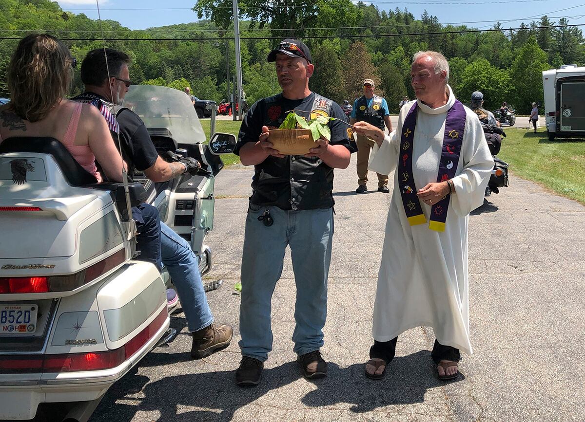 Motorcyclists participate in a "Blessing of the Bikes" ceremony in Columbia, N.H., Sunday, June 23, 2019.