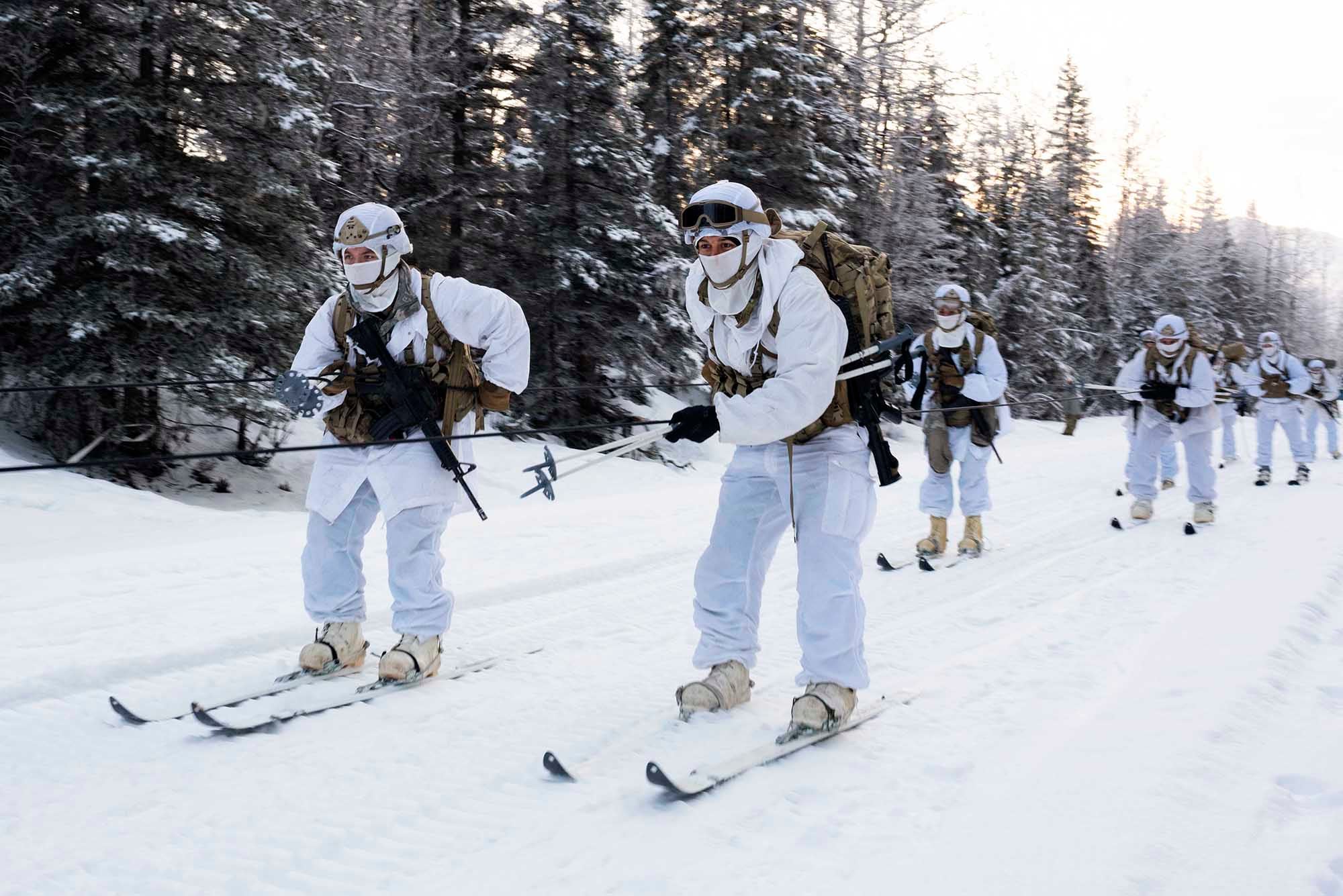 Army paratroopers assigned to Headquarters and Headquarters Company, 1st Battalion, 501st Parachute Infantry Regiment, 4th Infantry Brigade Combat Team (Airborne), 25th Infantry Division, U.S. Army Alaska, hold onto a rope secured to the back of Small Unit Sustainment Vehicle during a skijoring exercise at Joint Base Elmendorf-Richardson, Alaska, Jan. 27, 2021.