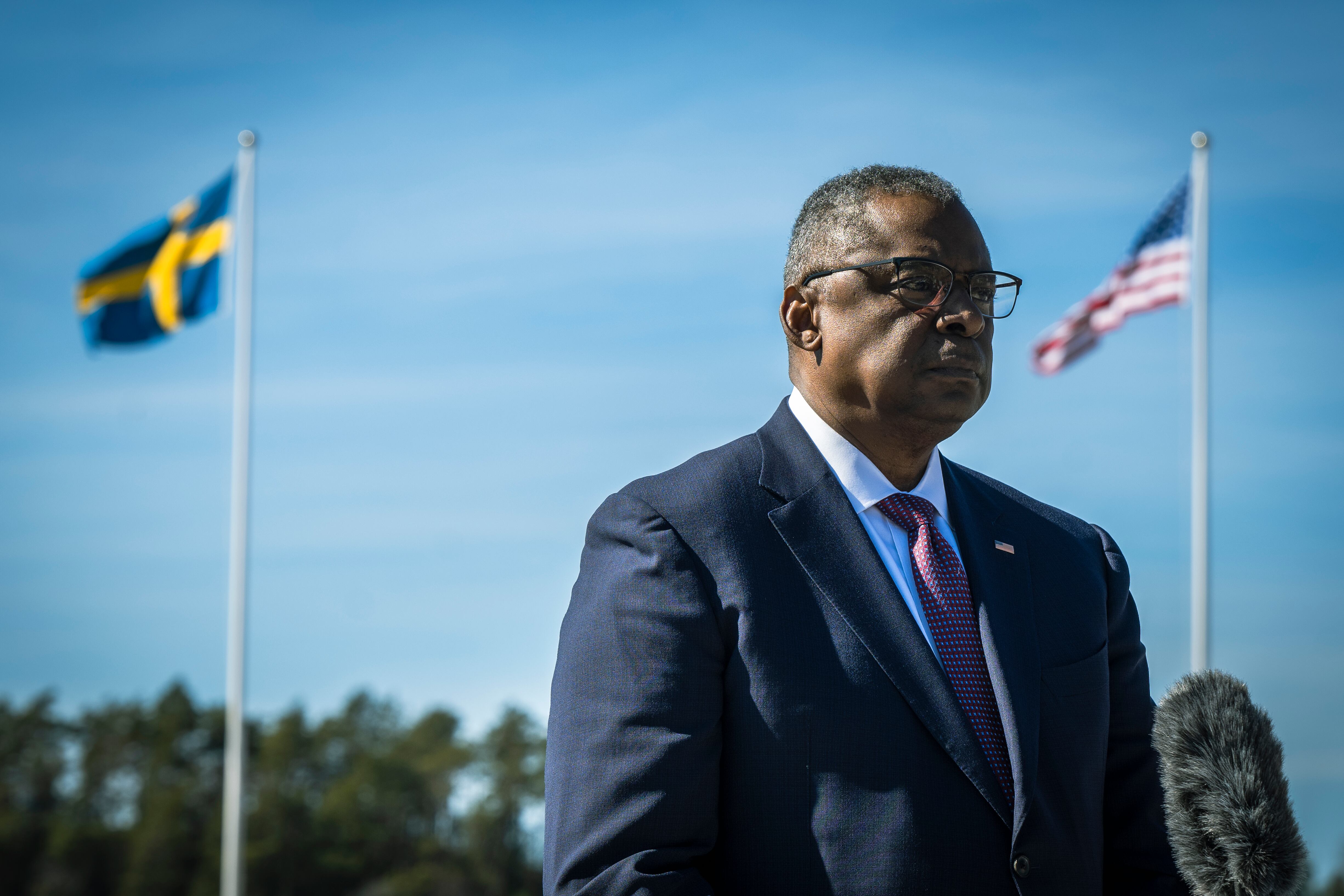 Secretary of Defense Lloyd J. Austin III and Swedish Minister of Defense, Pal Jonson answer questions during a press conference at Musko Naval Base, Sweden, April 19, 2023.