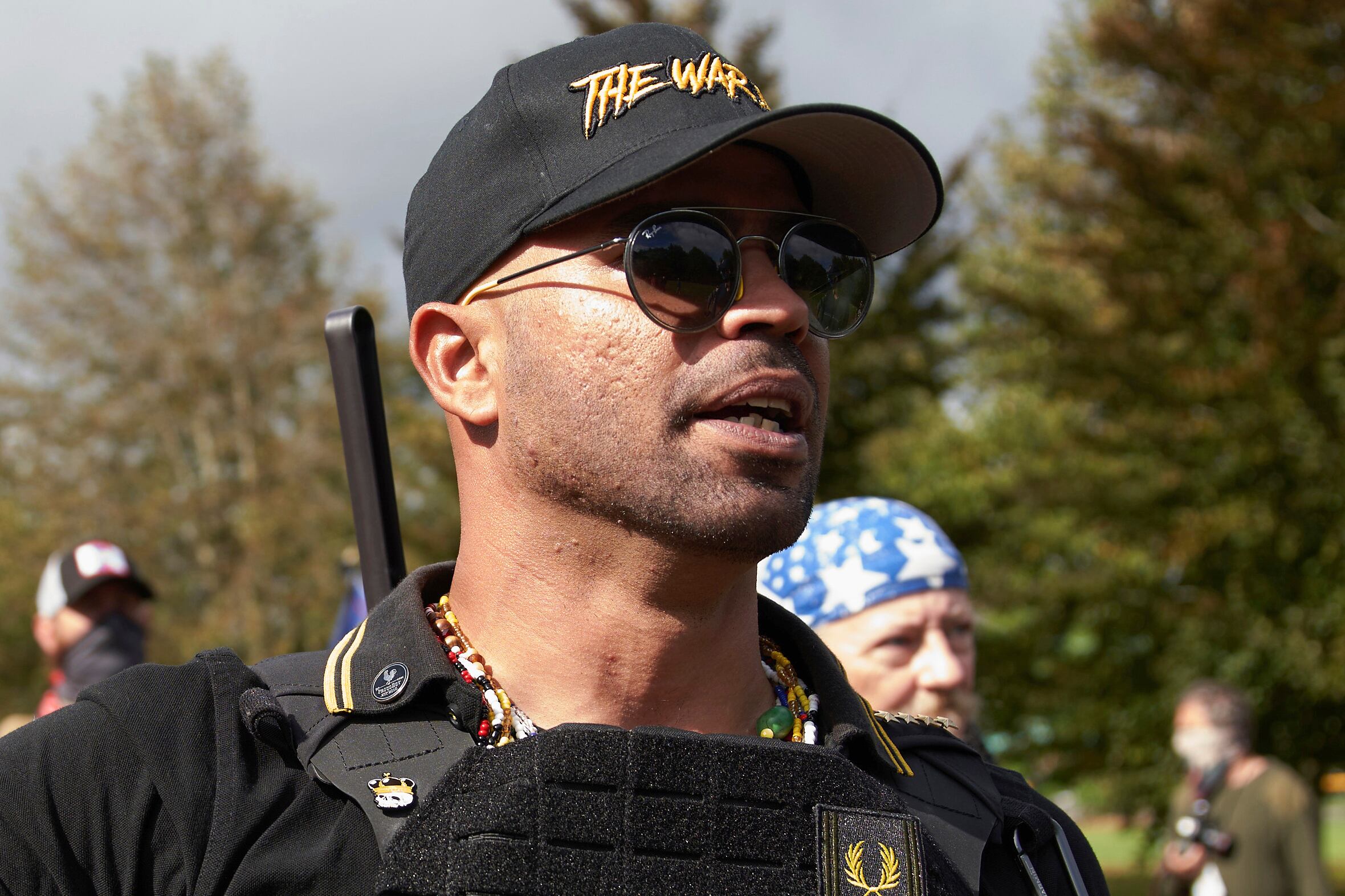 Proud Boys leader Enrique Tarrio speaks at a rally in Delta Park on Sept. 26, 2020, in Portland, Ore.