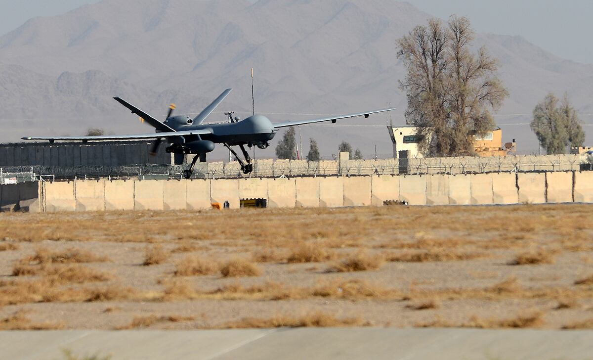 An MQ-9 Reaper lands on the runway Nov. 27, 2017, at Kandahar Airfield, Afghanistan.