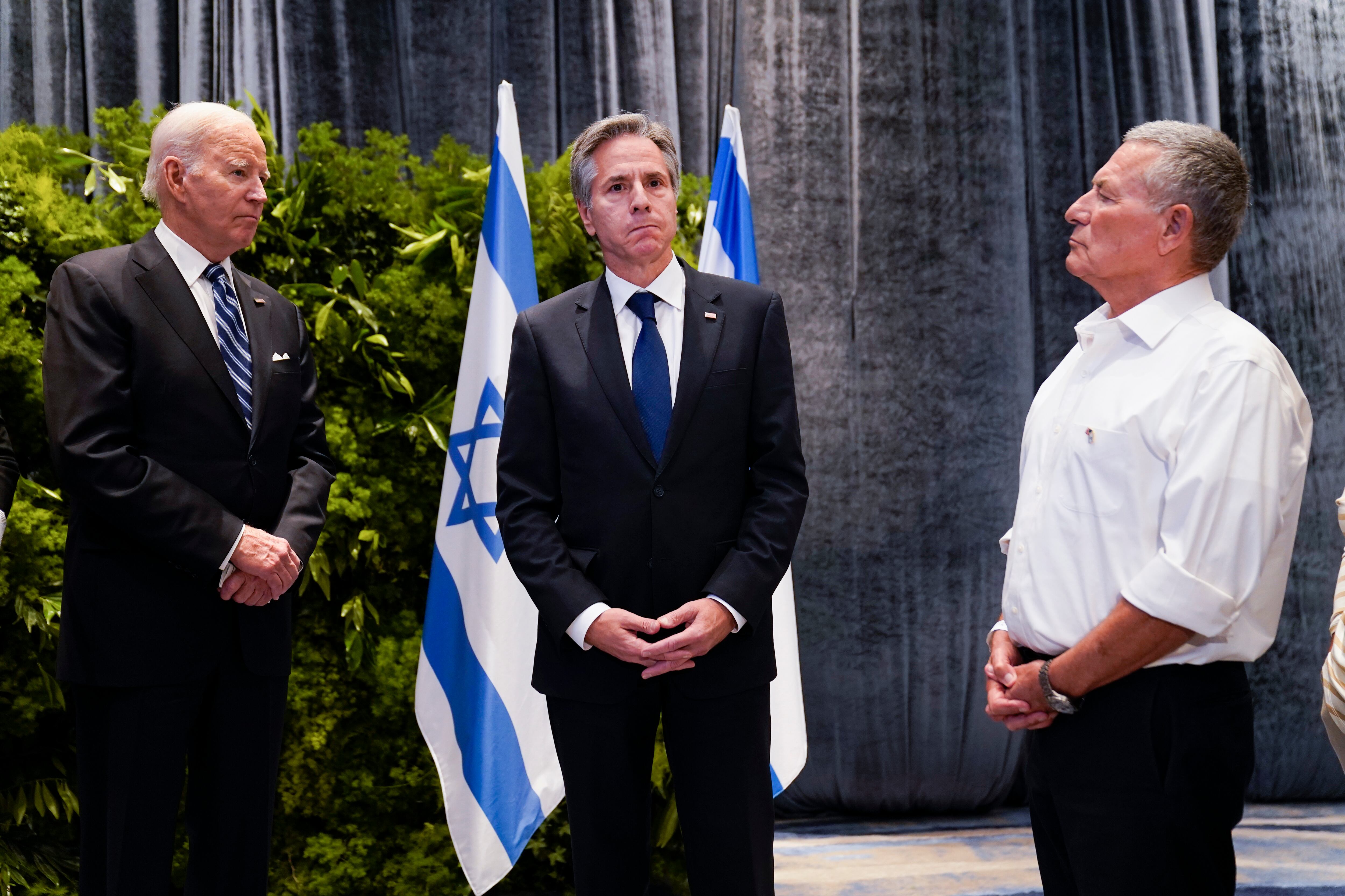 President Joe Biden and U.S. Secretary of State Antony Blinken, meet with victims' relatives and first responders who were directly affected by the Hamas attacks, Wednesday, Oct. 18, 2023, in Tel Aviv.